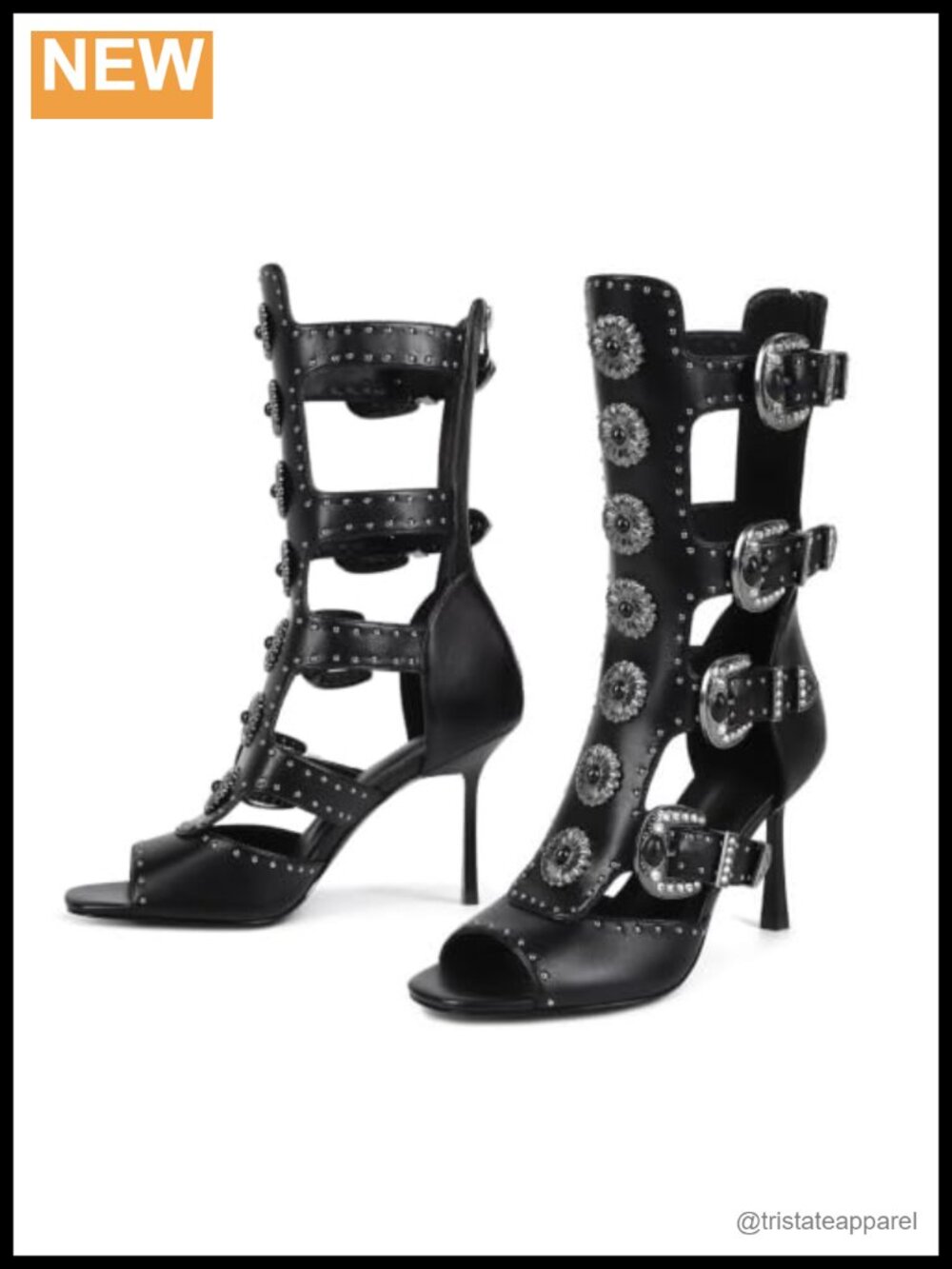 Gladiator Mid Calf Heeled Sandals Rhinestone Buckle Open Toe Women